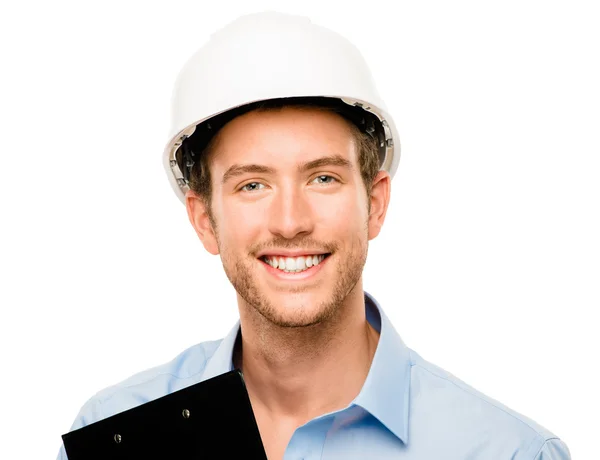 Jovem capataz feliz no local de construção com chapéu duro fundo branco — Fotografia de Stock