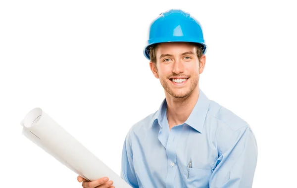 Full length of confident young bussinessman architect on white background — Stock Photo, Image