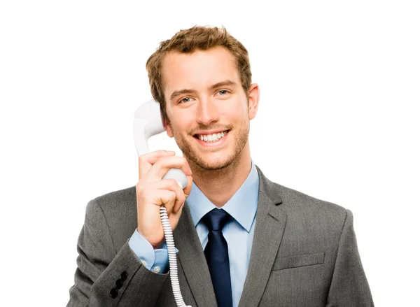 Agente de atendimento ao cliente segurando telefone fundo branco — Fotografia de Stock