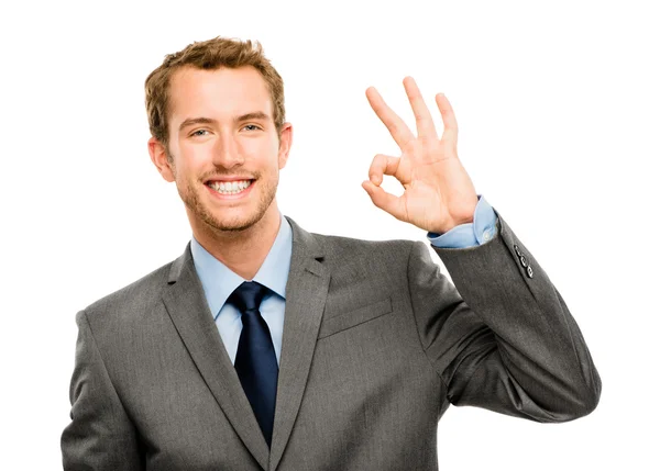 Happy businessman okay sign white background — Stock Photo, Image