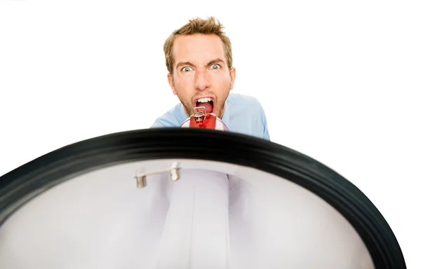 Businessman shouting megaphone isolated on white background — Stock Photo, Image