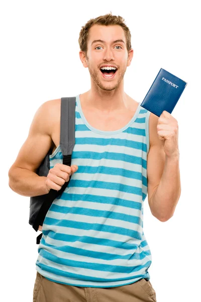 Felice turista uomo viaggio passaporto avventura — Foto Stock