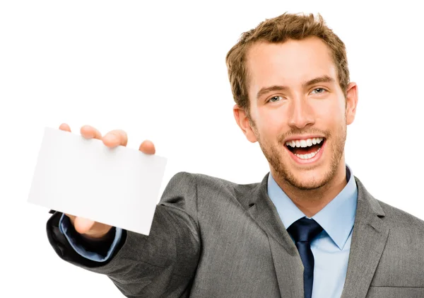 Businessman holding empty white placard showing copy space Stock Photo