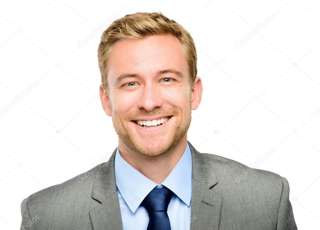 Closeup portrait of happy businessman isolated on white