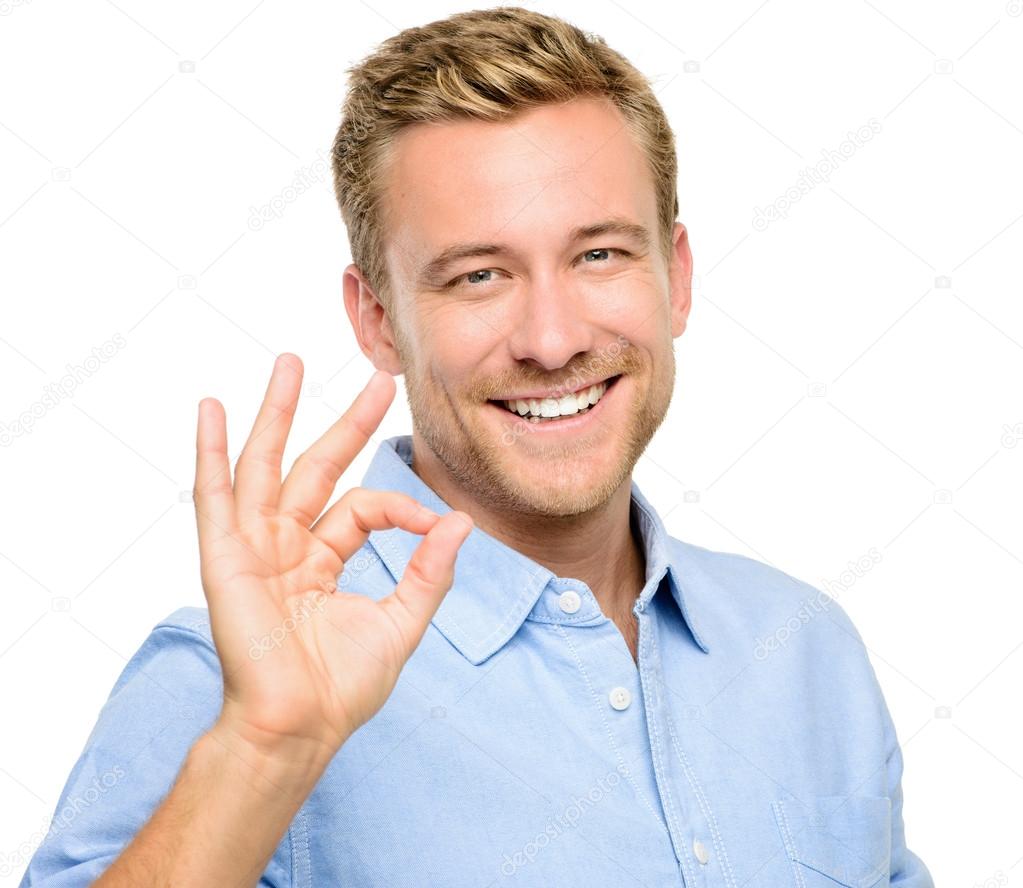 Happy Man Okay Sign Portrait On White Background Stock Photo By C Aila Images