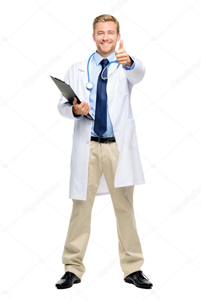 Full length of confident young doctor on white background