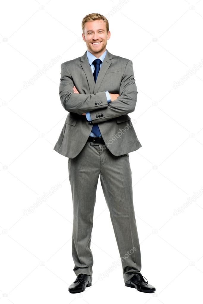 Happy businessman arms folded isolated on white