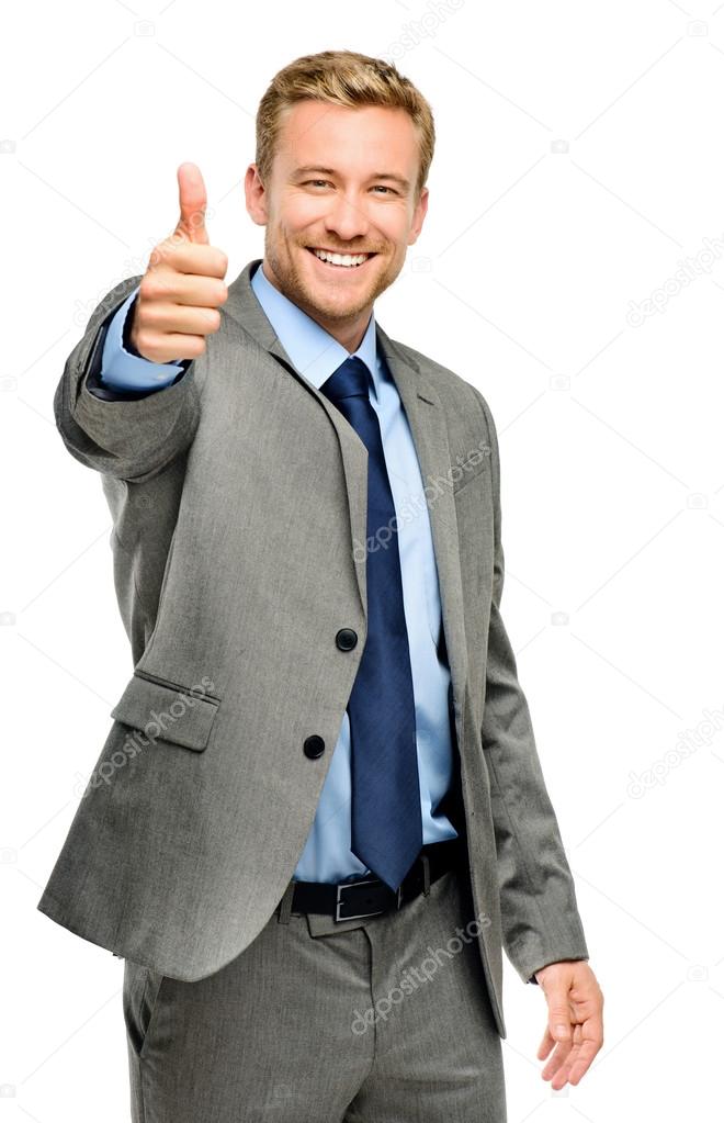 Happy businessman thumbs up sign on white background