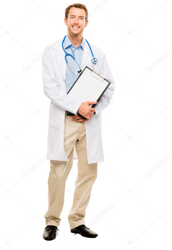 Confident young male doctor holding clipboard on white backgroun