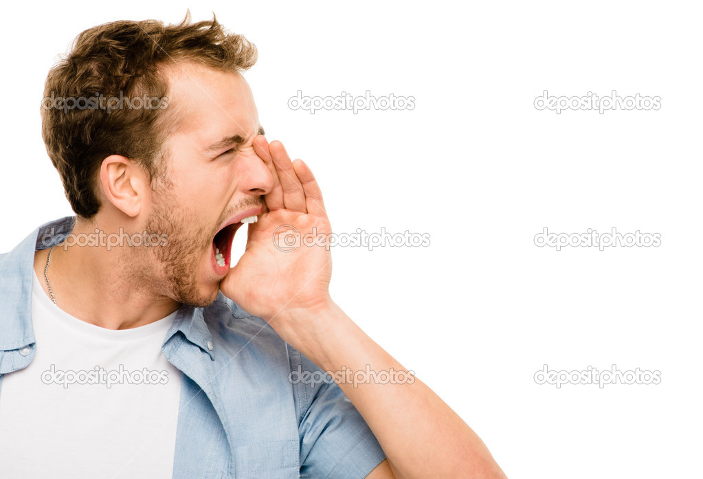 Shouting man angry scream white background