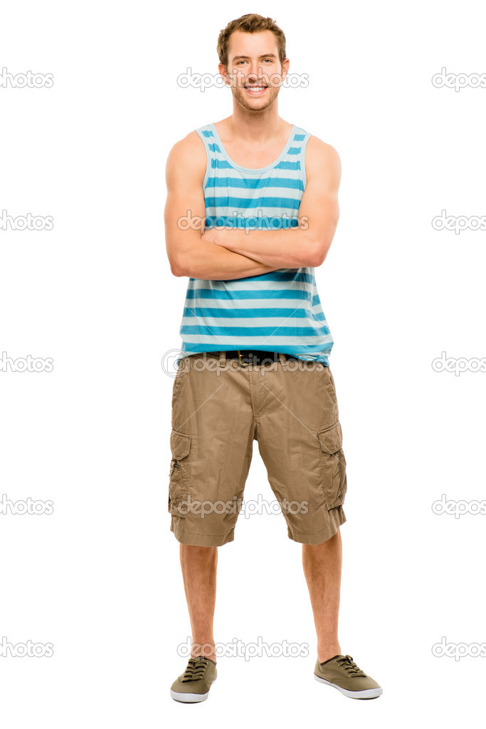 Full length attractive young man in casual clothing white backgr