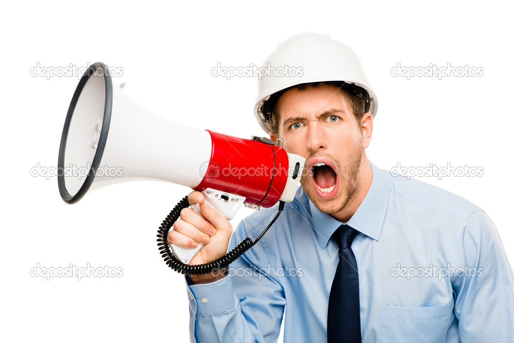 Businessman shouting megaphone white background