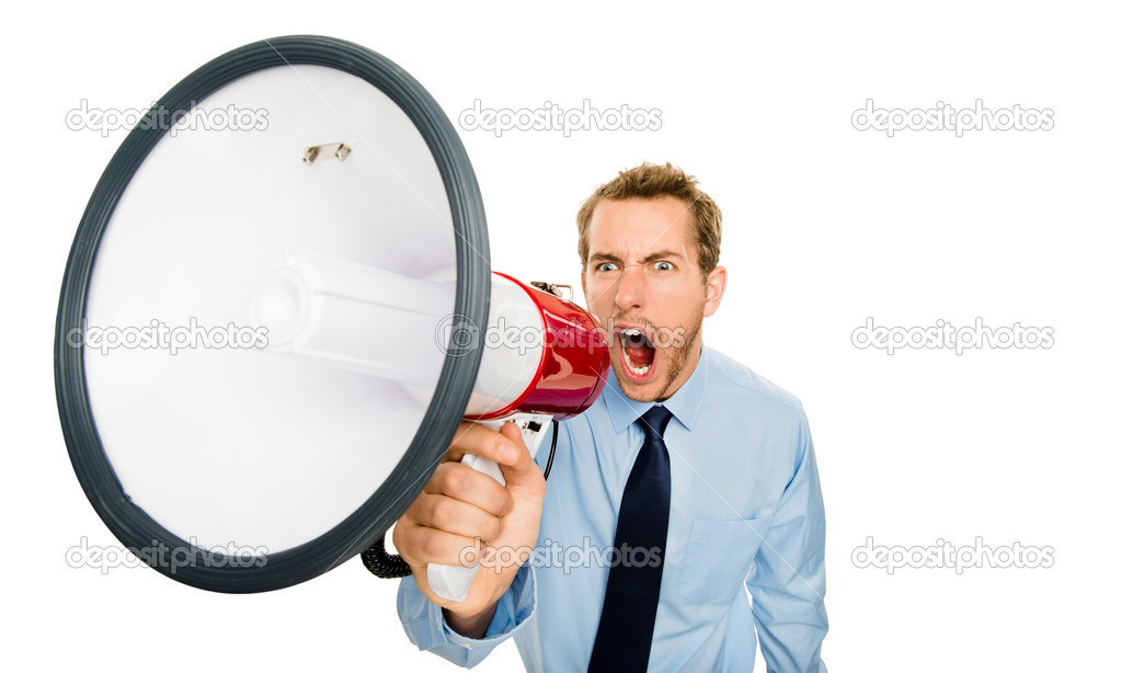 businessman shouting megaphone isolated on white background