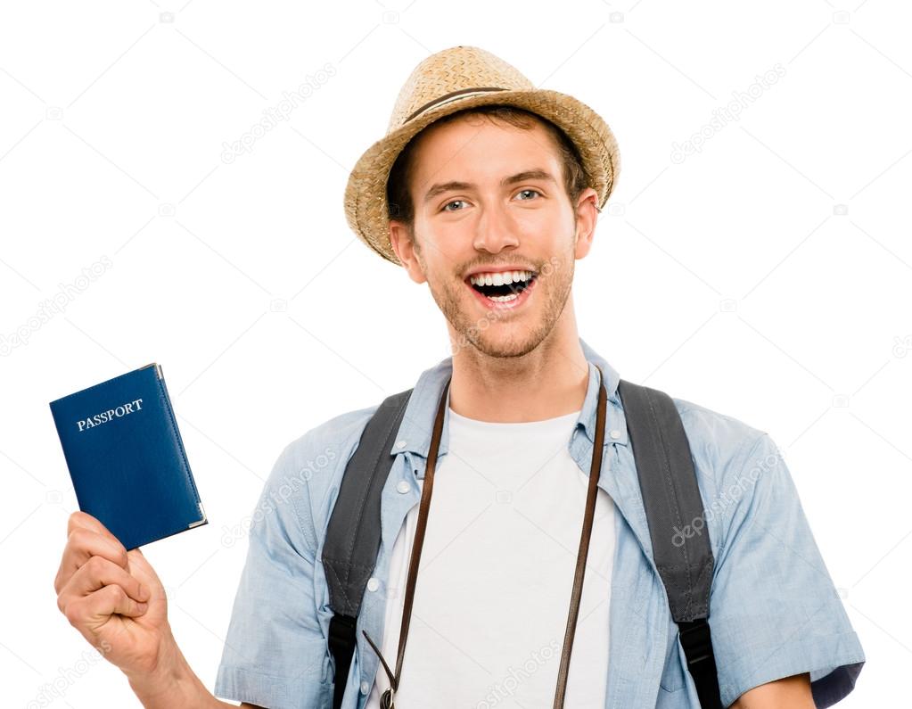 Happy young tourist travel passport isolated white background