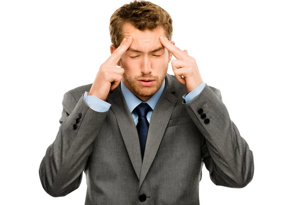 Empresario estresado dolor de cabeza presión preocupación aislada en w hite —  Fotos de Stock