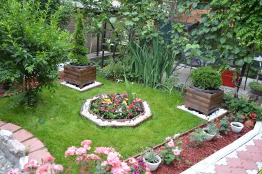 Sırbistan 'ın bahçesinde yeşil çimenler, çeşmeler, saksılar var. Pozarevac, Sırbistan ve Avrupa.