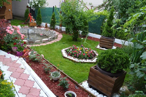 Jardín Casero Serbio Con Hierba Verde Fuente Macetas Pozarevac Serbia —  Fotos de Stock