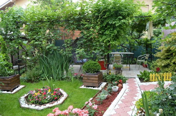 Serbian Home Garden Green Grass Fountain Flower Pots Pozarevac Serbia — Stock Photo, Image