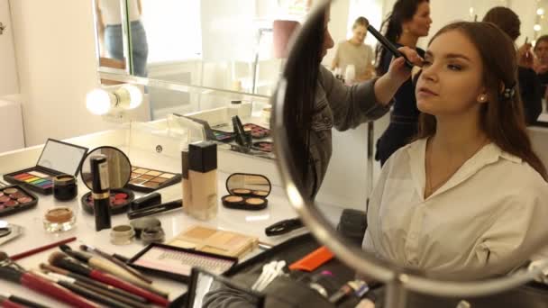 El maquillador aplica el polvo a las mejillas del modelo con un cepillo esponjoso en movimientos suaves. Maquillaje profesional — Vídeos de Stock