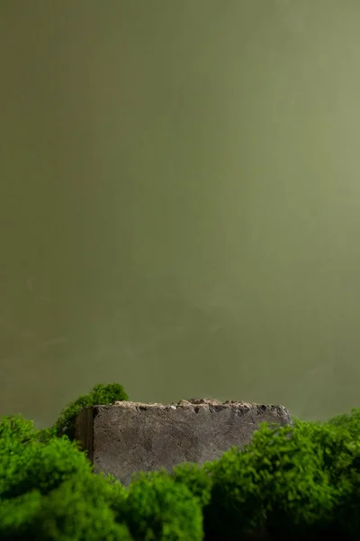 Composición de piedra y musgo sobre fondo verde. Podio abstracto para productos cosméticos orgánicos. Stand natural para presentación y exposiciones. — Foto de Stock