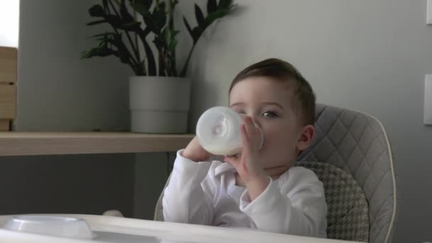 Jeden letý chlapeček pije mléko ze své láhve, sedí na vysoké židli, rodinná snídaně — Stock video