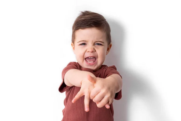 Baby boy crying holding her arms up, angry toddler portrait — Stock Photo, Image