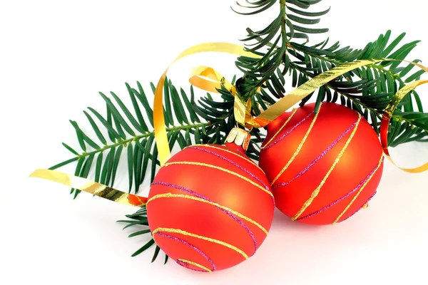 Two Christmas balls with Christmas tree over white — Stock Photo, Image