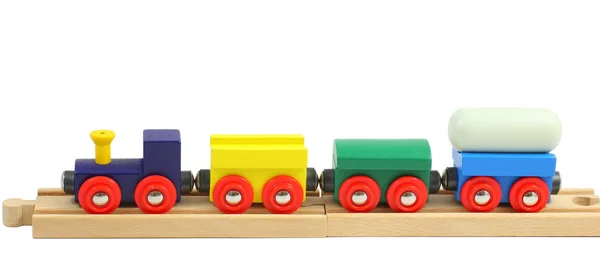 Trä tåg leksak på räls isolerad på vit — Stockfoto