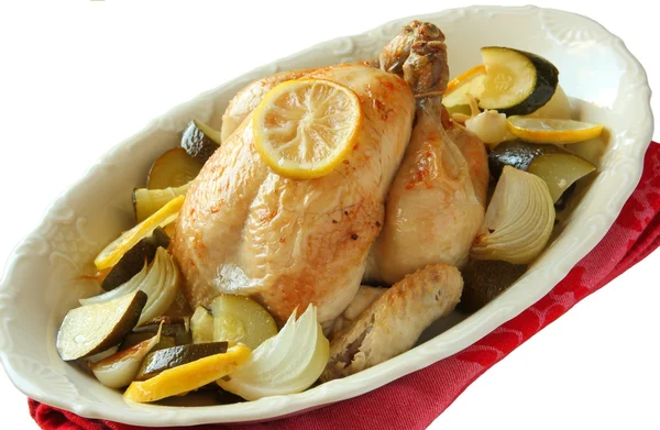 Roasted whole chicken over white — Stock Photo, Image