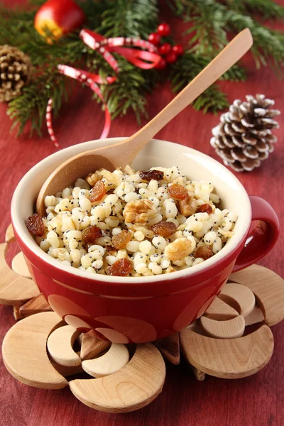 Pot with kutia - traditional Christmas sweet meal — Stock Photo, Image