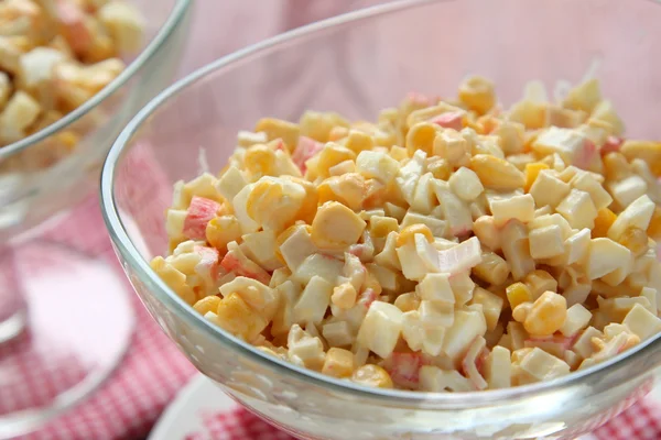 Crab salad with eggs, sweet corn and mayonnaise — Stock Photo, Image