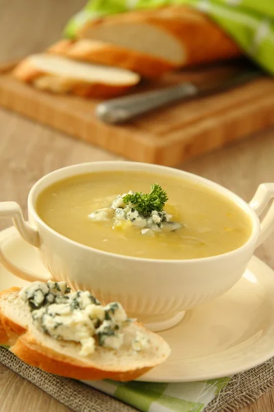 Onion soup with celery and sliced bread with blue cheese — Stock Photo, Image