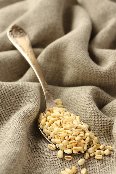 Pšeničná zrna v kovové lžíce na pozadí pytloviny — Stock fotografie