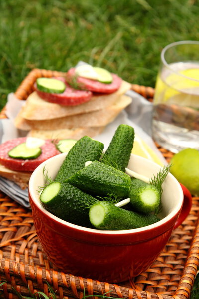 Homemade fresh salted cucumbers and sandwiches with sausage