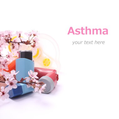 Asthma inhalers with extension tube for children and blossoming tree branches over white clipart