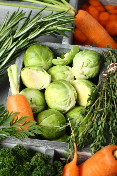 Свежая сырая брюссельская капуста, морковь, розмарин, тимьян и петрушка в деревянной коробке — стоковое фото