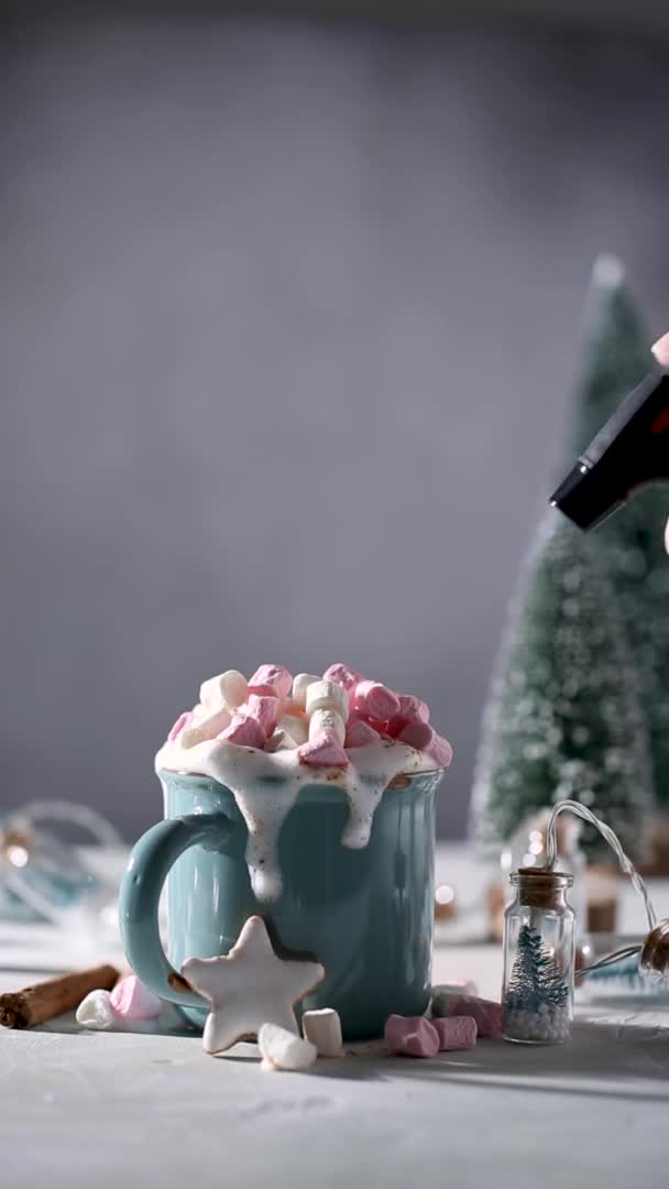 Copa de chocolate caliente y galletas de jengibre estrellas — Vídeos de Stock