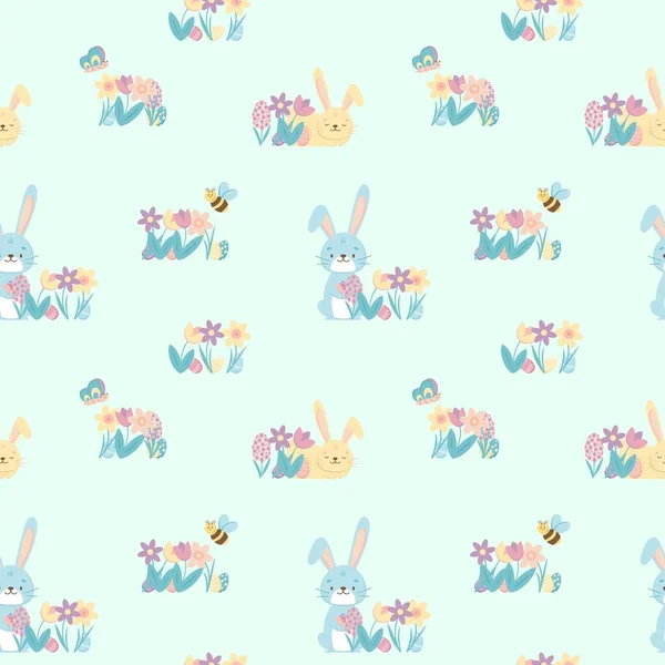 Seamless pattern with sweet and cute blue bunny rabbits — Stock Vector