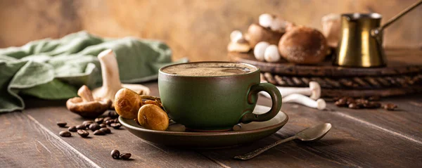 Banner Mushroom Coffee Green Cup Wooden Background New Superfood Trendy — Stockfoto