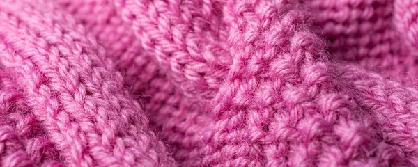 Background Knitting Pink Wool Sweater Braid Cable Overhead Shot Banner — Stock Photo, Image