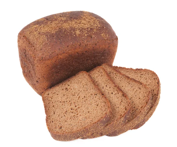 Loaf of rye bread and four slices — Stock Photo, Image