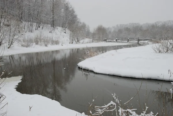 Schneefall auf dem Fluss — Stockfoto