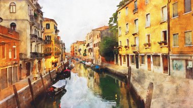 Suluboya, Venedik sokağı, kanal, gondollar. Eski Avrupa sokaklarında. Venedik İtalya 'da sanat kartpostalı