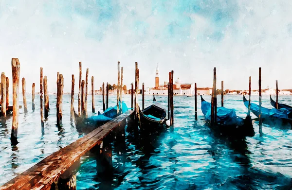 Akvarell Venedig Italien Vacker Utsikt Över Grand Canal Gondoler Gamla — Stockfoto