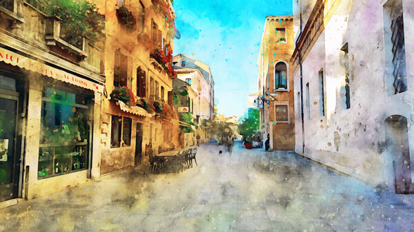 Watercolor drawing old European city. Beautiful view of streets, buildings, shops, cafes, passers-by