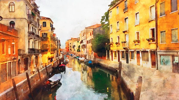 Akwarela Ulica Venice Kanał Gondole Ulice Starego Miasta Europy Pocztówka — Zdjęcie stockowe