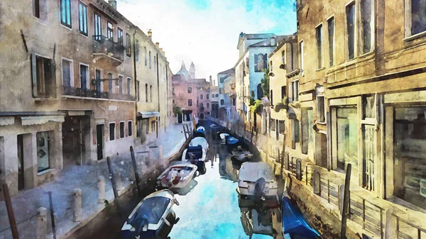 Hermosa Vista Calle Veneciana Canal Las Góndolas Dibujo Acuarela Venecia — Foto de Stock