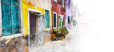 Burano, Venedik, İtalya, suluboya resim. Sokak ve eski ev manzaralı kartpostal Burano, kopyalama alanı