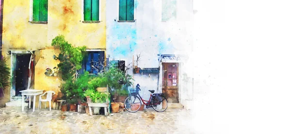 Burano Venezia Italia Acquerello Cartolina Arte Con Vista Strada Casa — Foto Stock