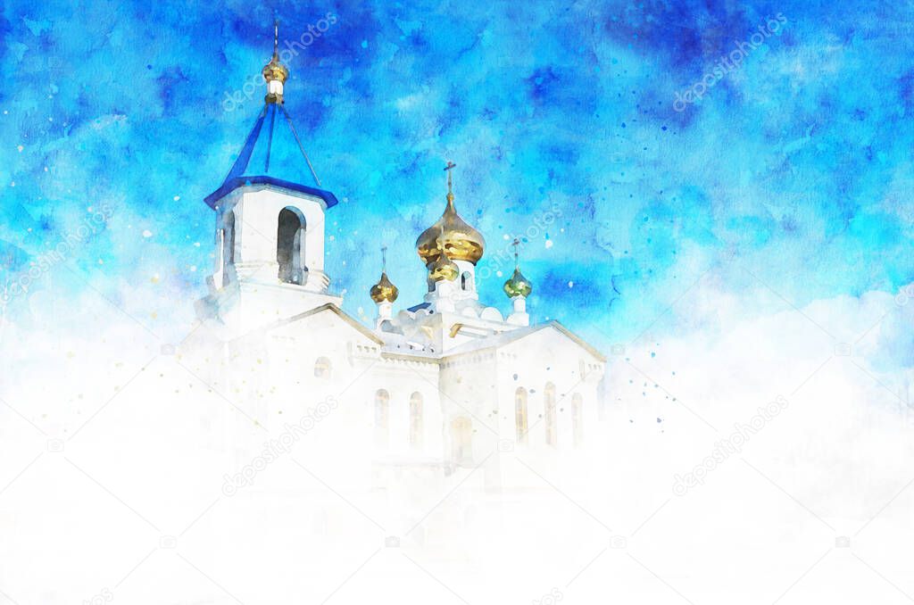 Watercolour. Russian Orthodox Church. Temple, golden domes, bell tower. Easter Christmas Palm Sunday